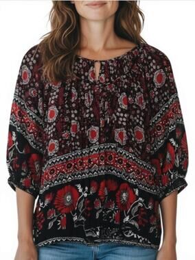 Joie Nancy Blouse S Black Red Floral Cotton Voile Balloon Sleeve Boho Peasant